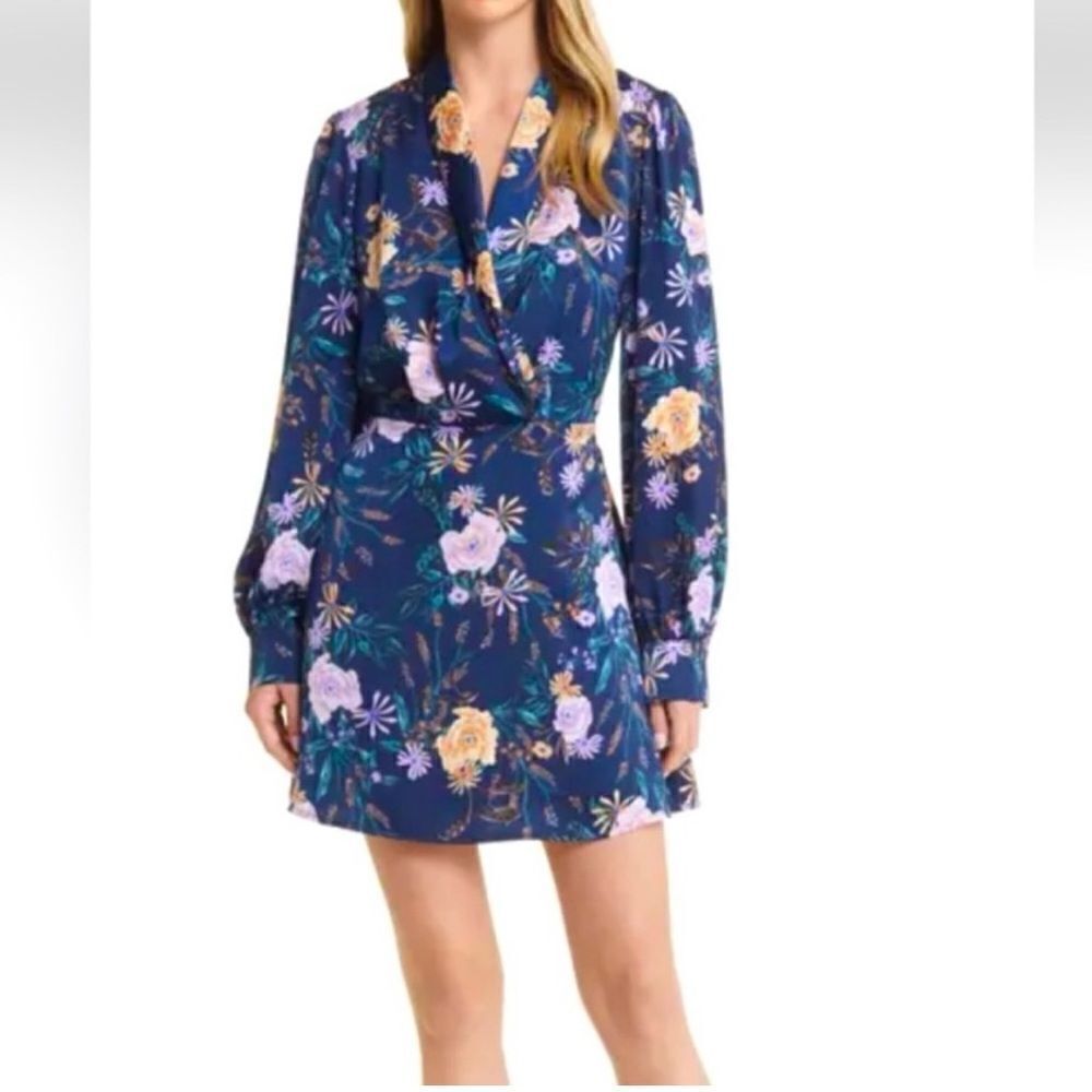 Lost + Wander Eva Floral Wrap Mini Dress Blue Long Sleeve V-Neck XS